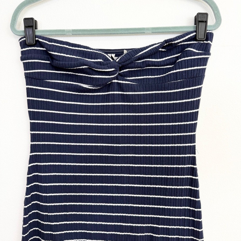 Anthropologie Strapless Twist Front Midi Dress Navy White Stripe Ribbed Size M - Picture 4 of 7